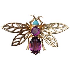 Retro Panetta Amethyst and Turquoise Glass Bee Brooch