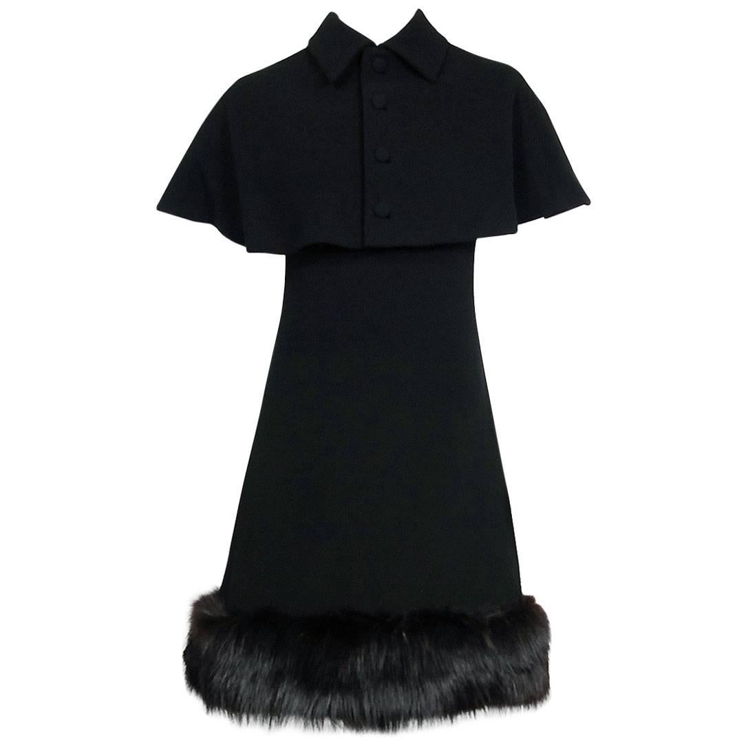 1965 Pauline Trigere Black Wool & Genuine Fox-Fur Cocktail Dress & Capelet Set