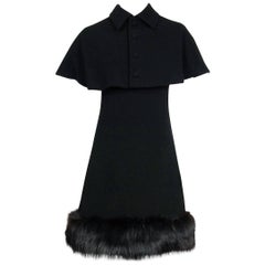 Vintage 1965 Pauline Trigere Black Wool & Genuine Fox-Fur Cocktail Dress & Capelet Set