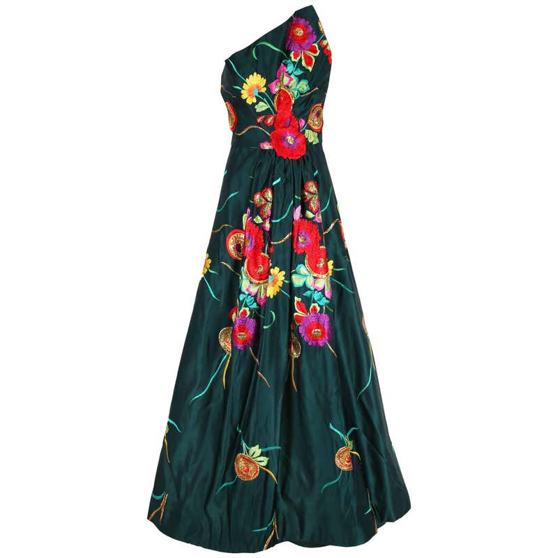 1977 Arnold Scaasi Rhinestone Trimmed 3D Floral Motif Ball Gown in ...