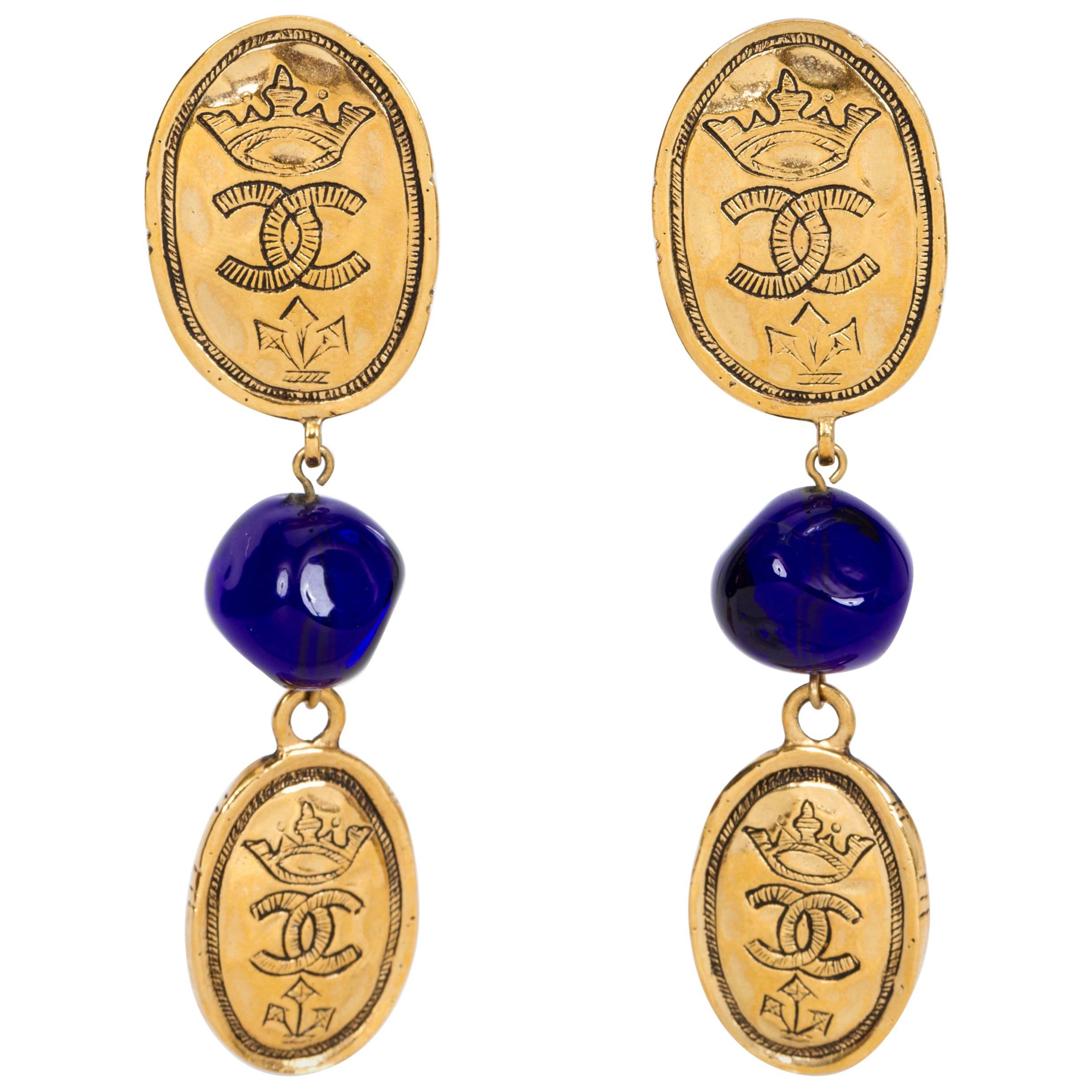 Chanel Blue Gripoix Logo Coin Earrings