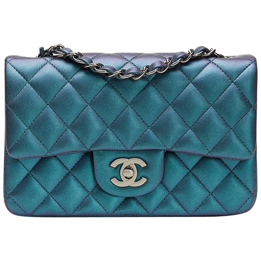 2017 Chanel Turquoise Metallic Quilted Lambskin Rectangular Mini Flap Bag