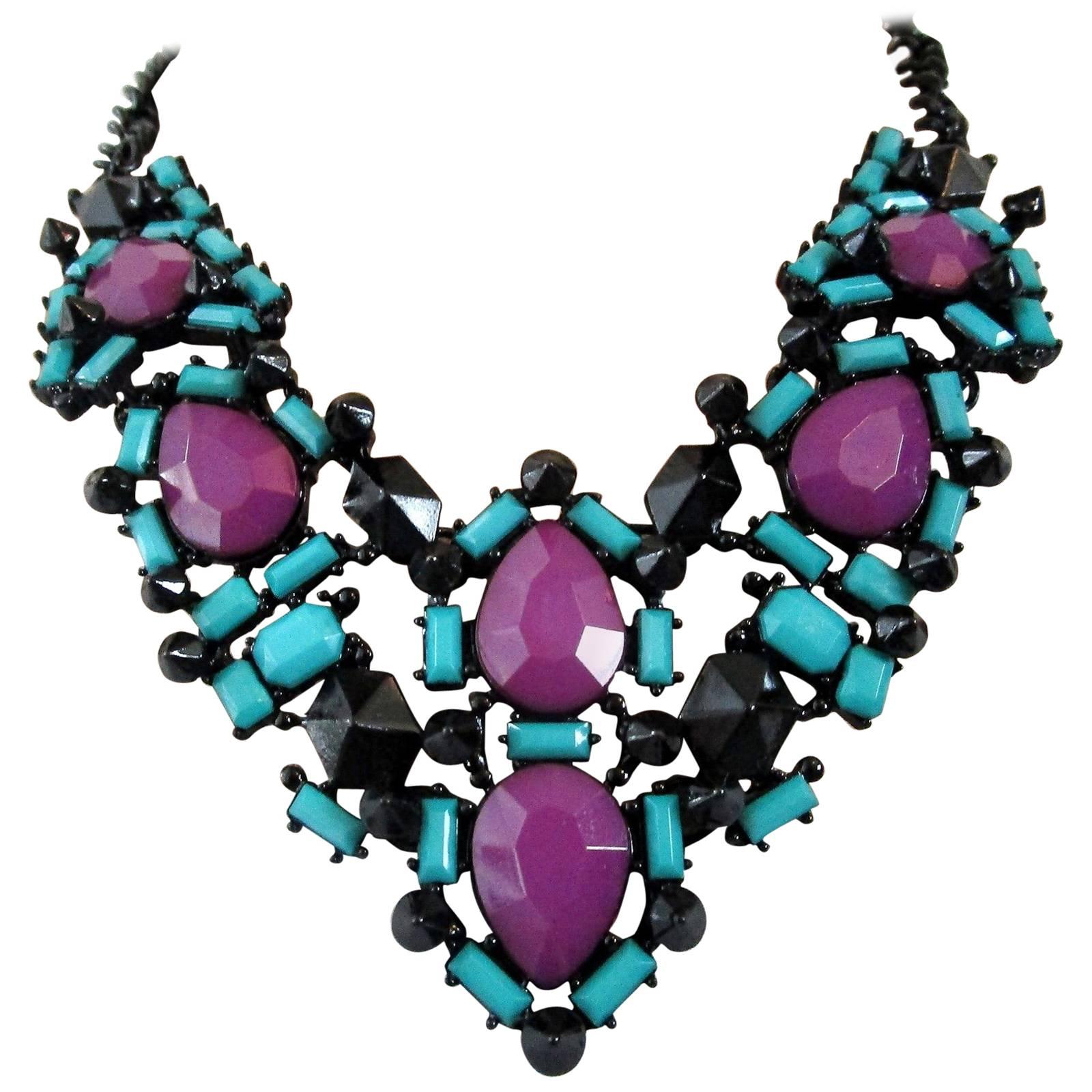 Outstanding Blue Teal Purple and Black Faux Gem Necklace For Sale