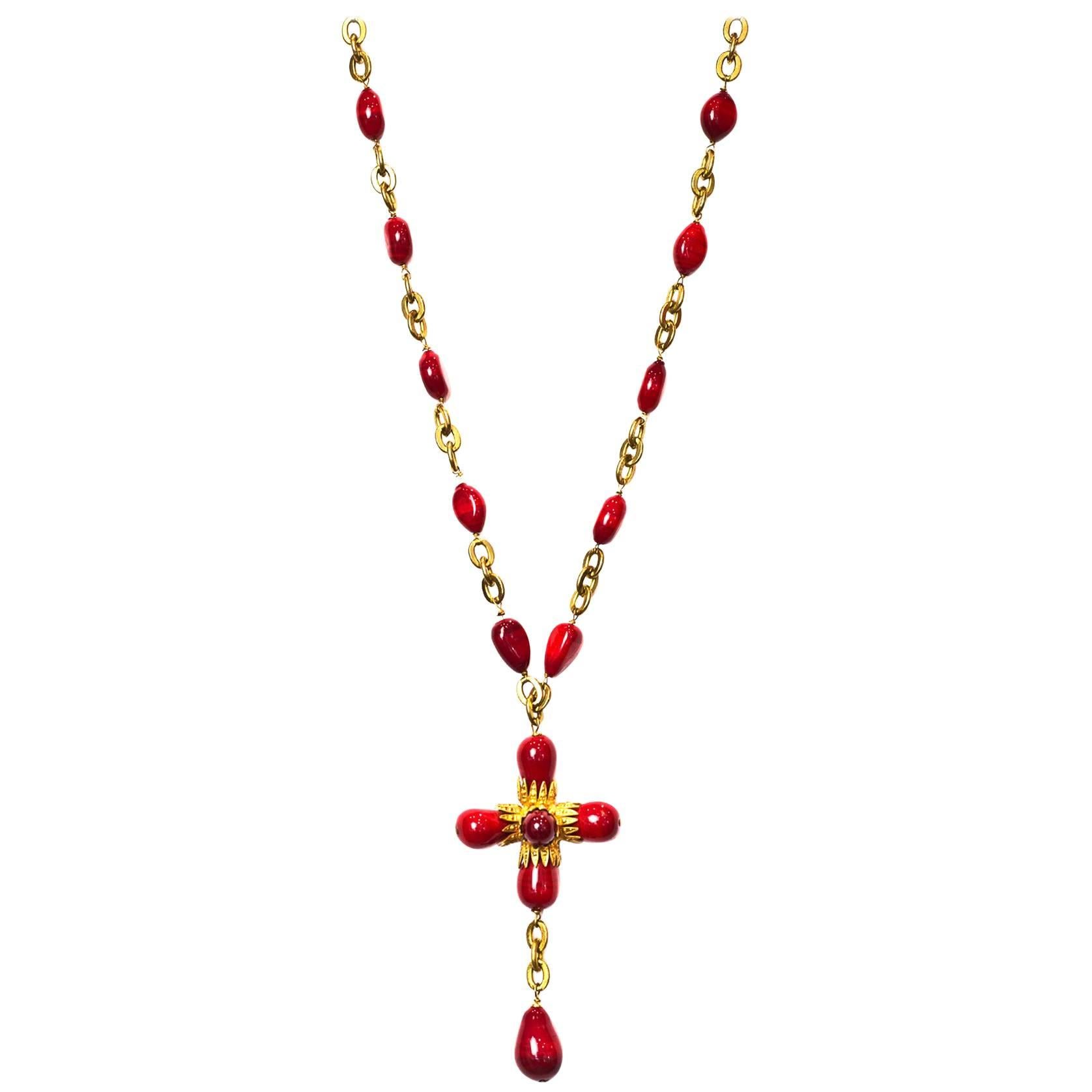 Chanel Red & Goldtone Cross Necklace