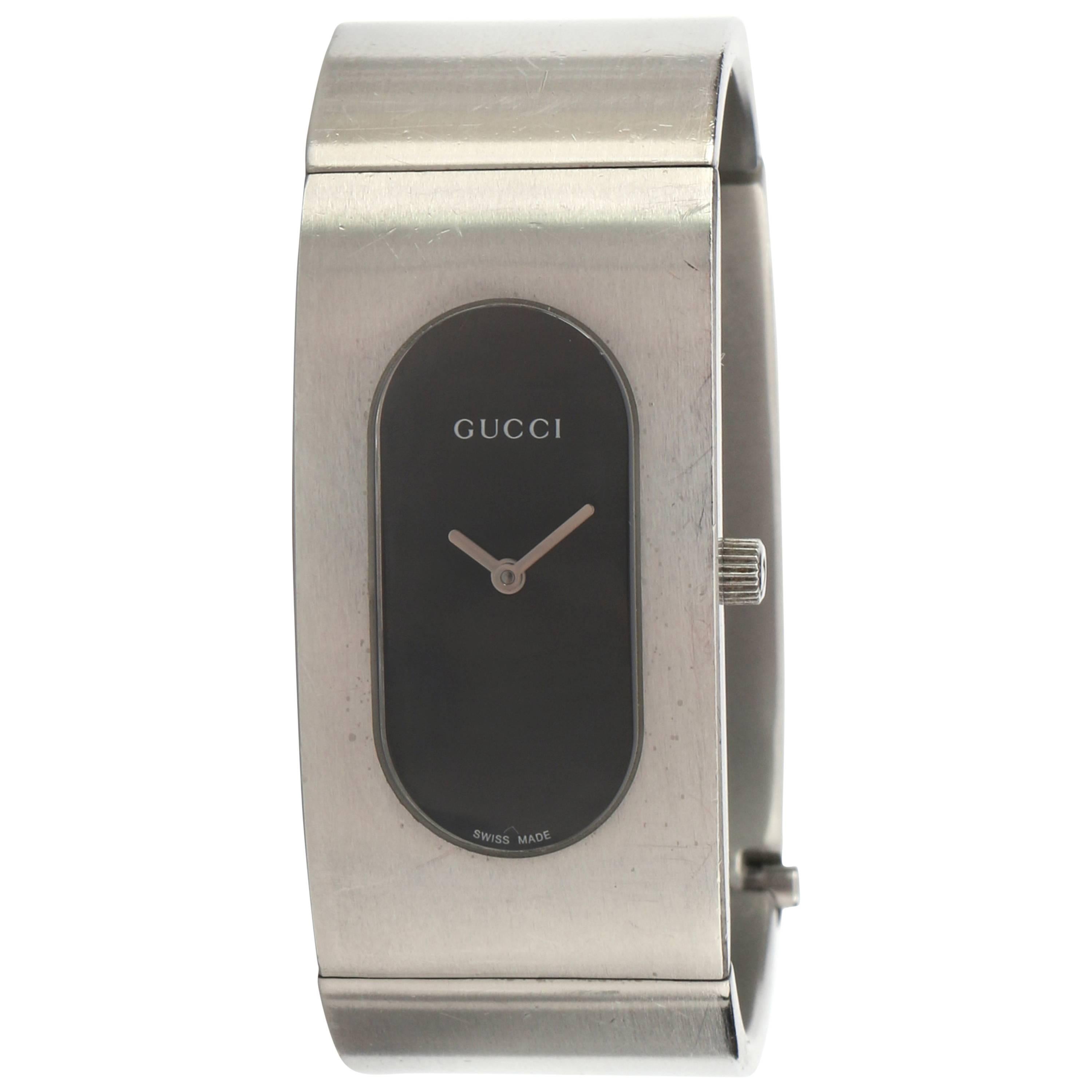 GUCCI 2400L Black Oval Dial Stainless Steel Ladies Bangle Bracelet Watch 