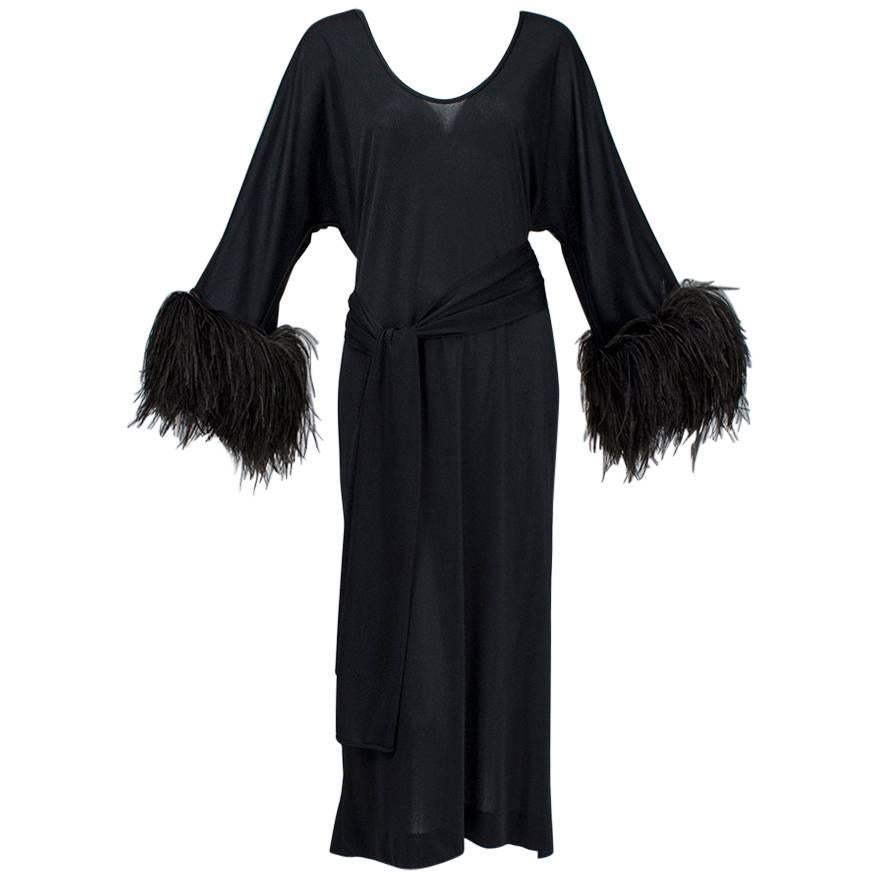Mr. Blackwell Black Ostrich Feather Cuff Midi Dress, 1960s