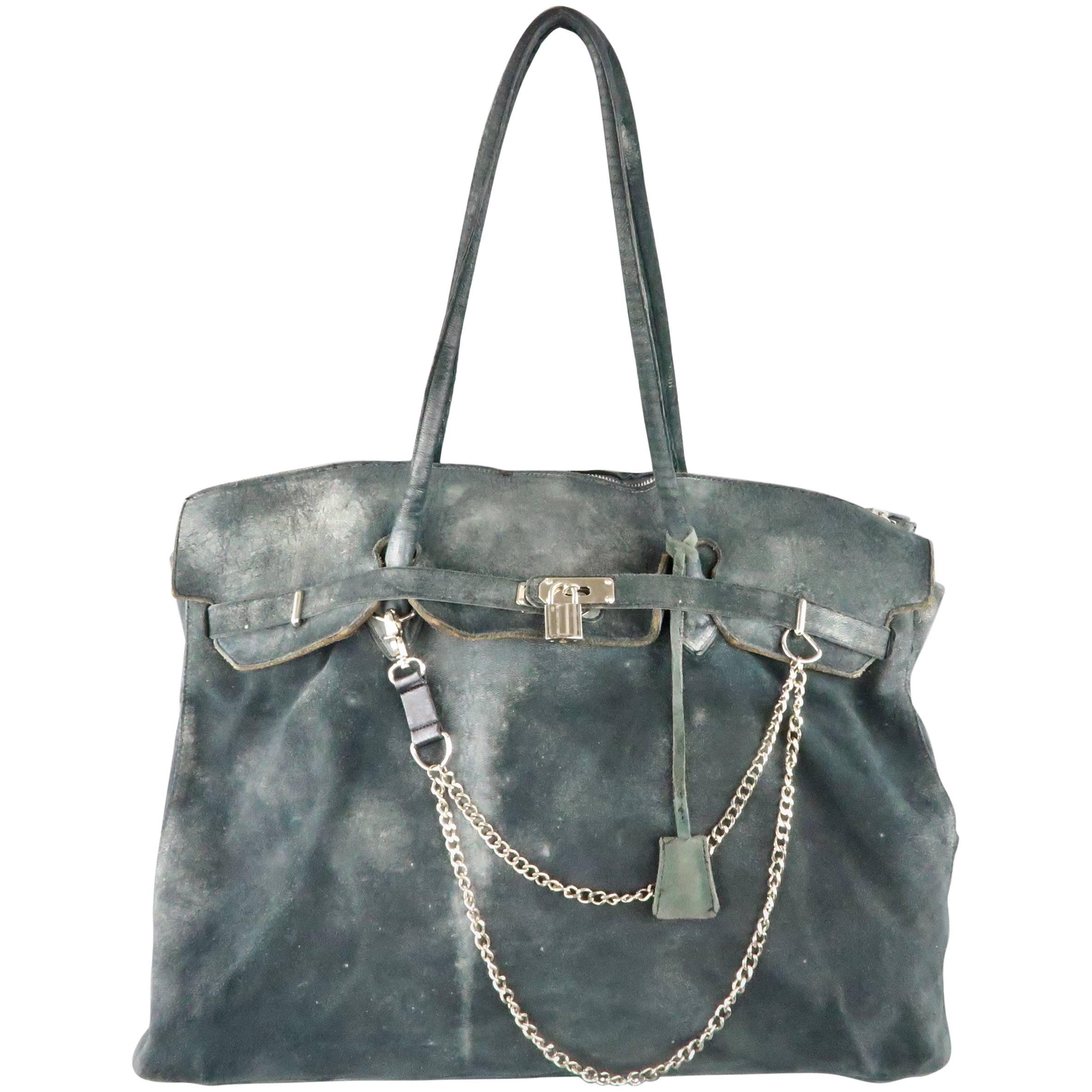 MARCO TAGLIAFERRI Teal Over Distressed Leather Oversized 'Birk' Satchel