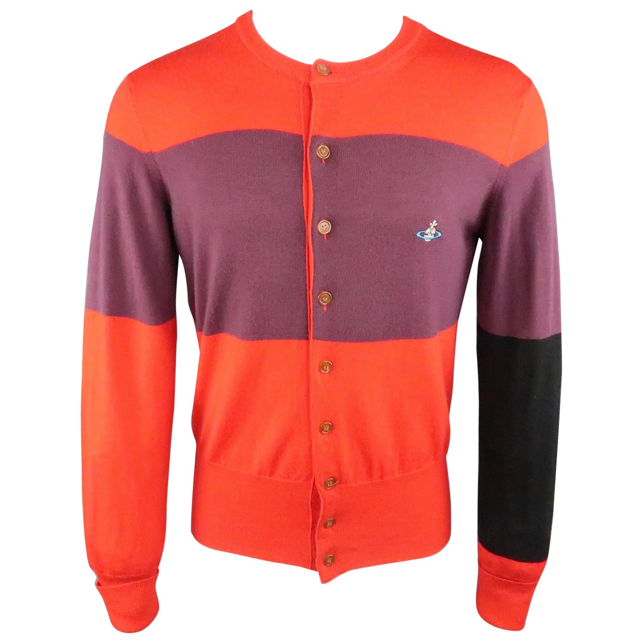 Men's VIVIENNE WESTWOOD Size S Red & Purple Color Block Stripe Wool Cardigan