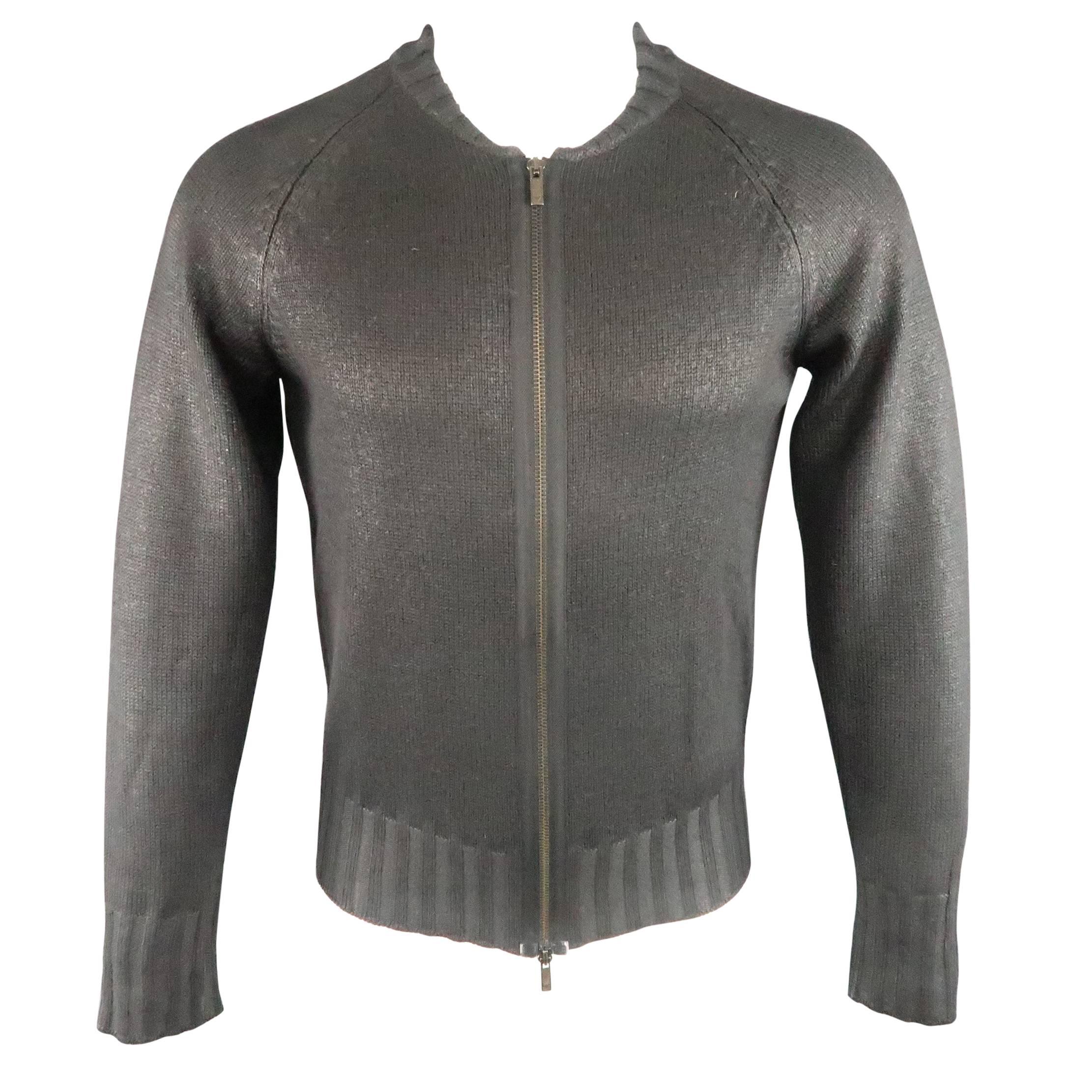Men's EMPORIO ARMANI Size XS Black Wax Coated Wool Blend Zip Cardigan