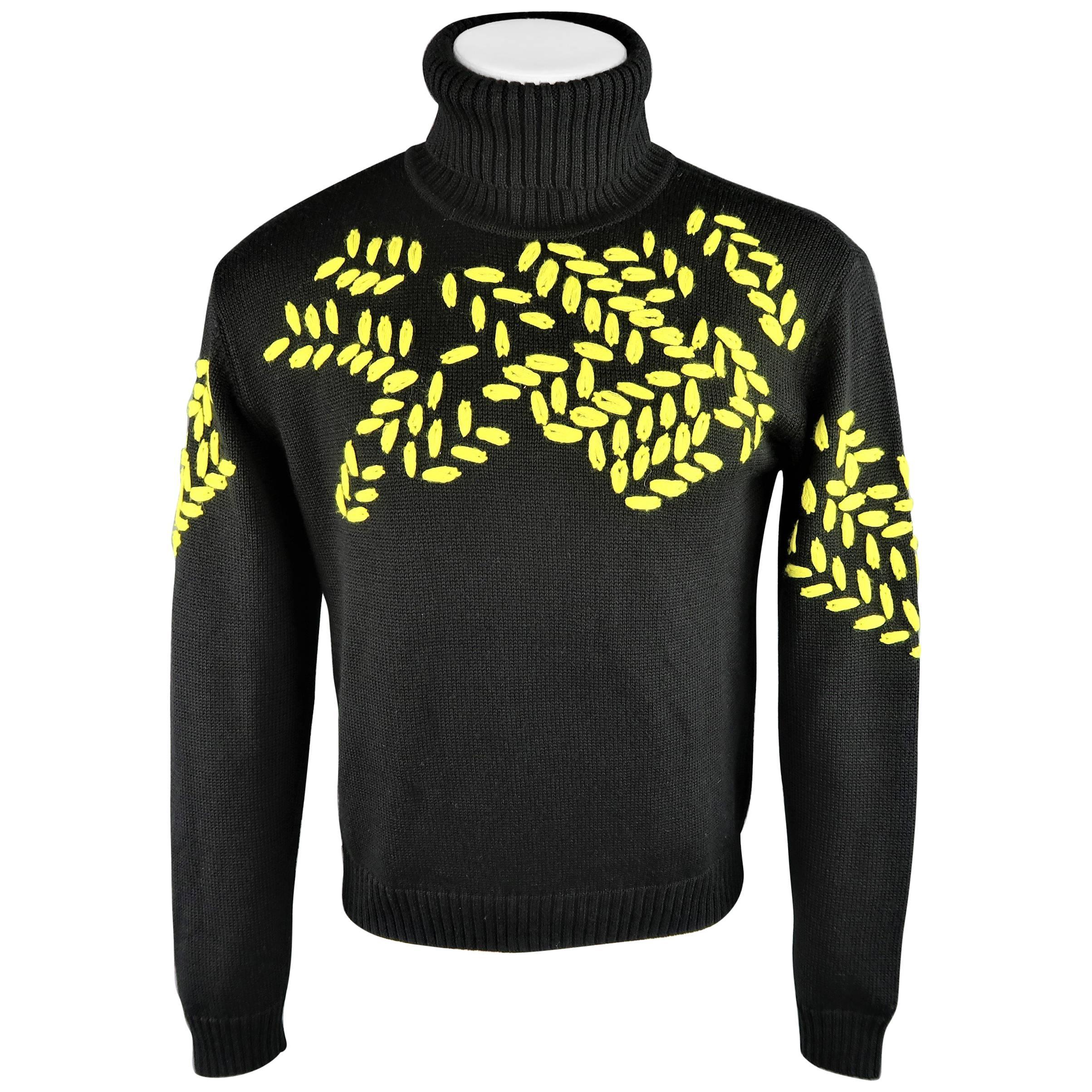 EMPORIO ARMANI EA7 S Black & Yellow Embroidered Wool Blend Turtleneck Sweater