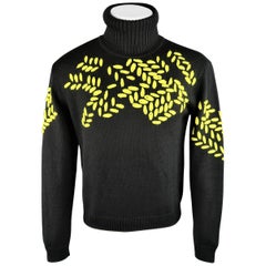 EMPORIO ARMANI EA7 S Black & Yellow Embroidered Wool Blend Turtleneck Sweater