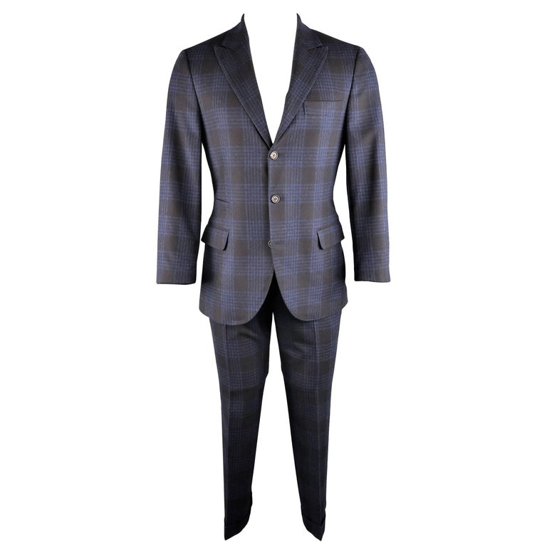 BRUNELLO CUCINELLI Suit Navy Plaid Jacket Pants Retail 4,995 at