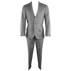 BRUNELLO CUCINELLI 36 Grey & Navy Plaid Wool / Cashmere / Silk Notch Lapel Suit