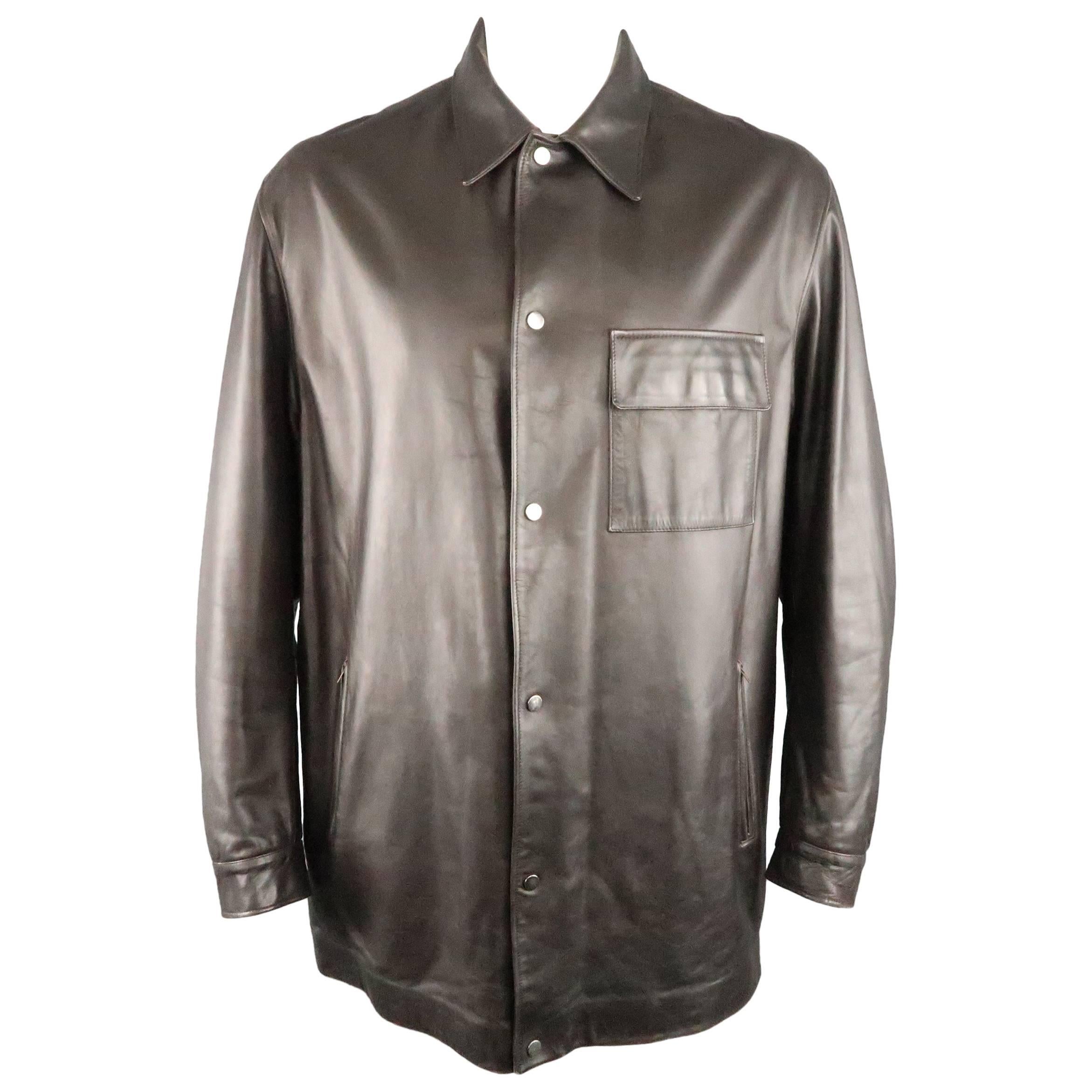 Men's VALENTINO 46 Brown Leather Silver Snap Collared Shirt Jacket