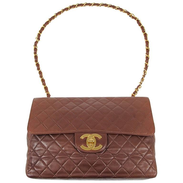 Vintage CHANEL brown lamb large, jumbo shoulder bag with gold CC, single strap. For Sale