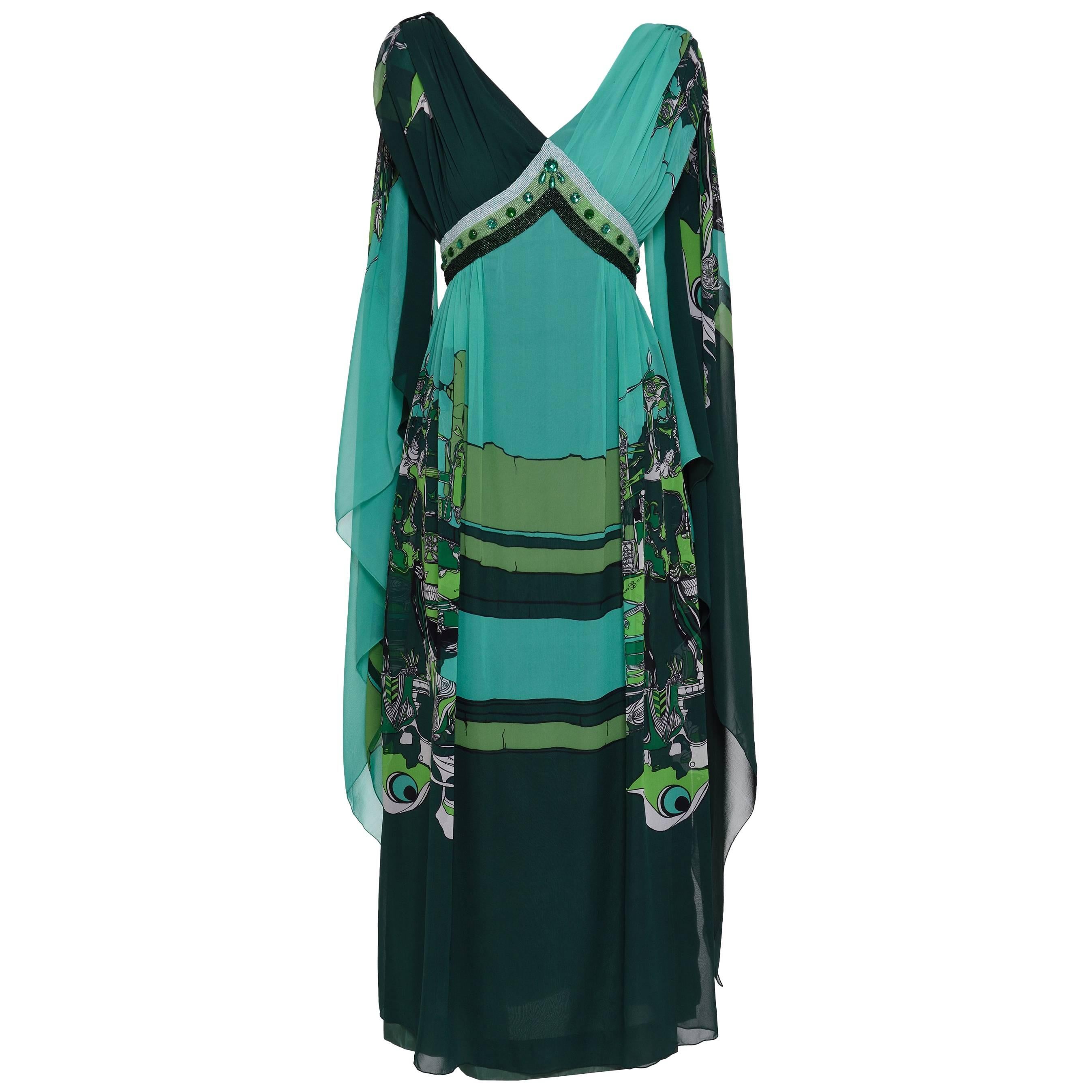 1970s GIO CARE' Printed Embroidery Long Dress For Sale