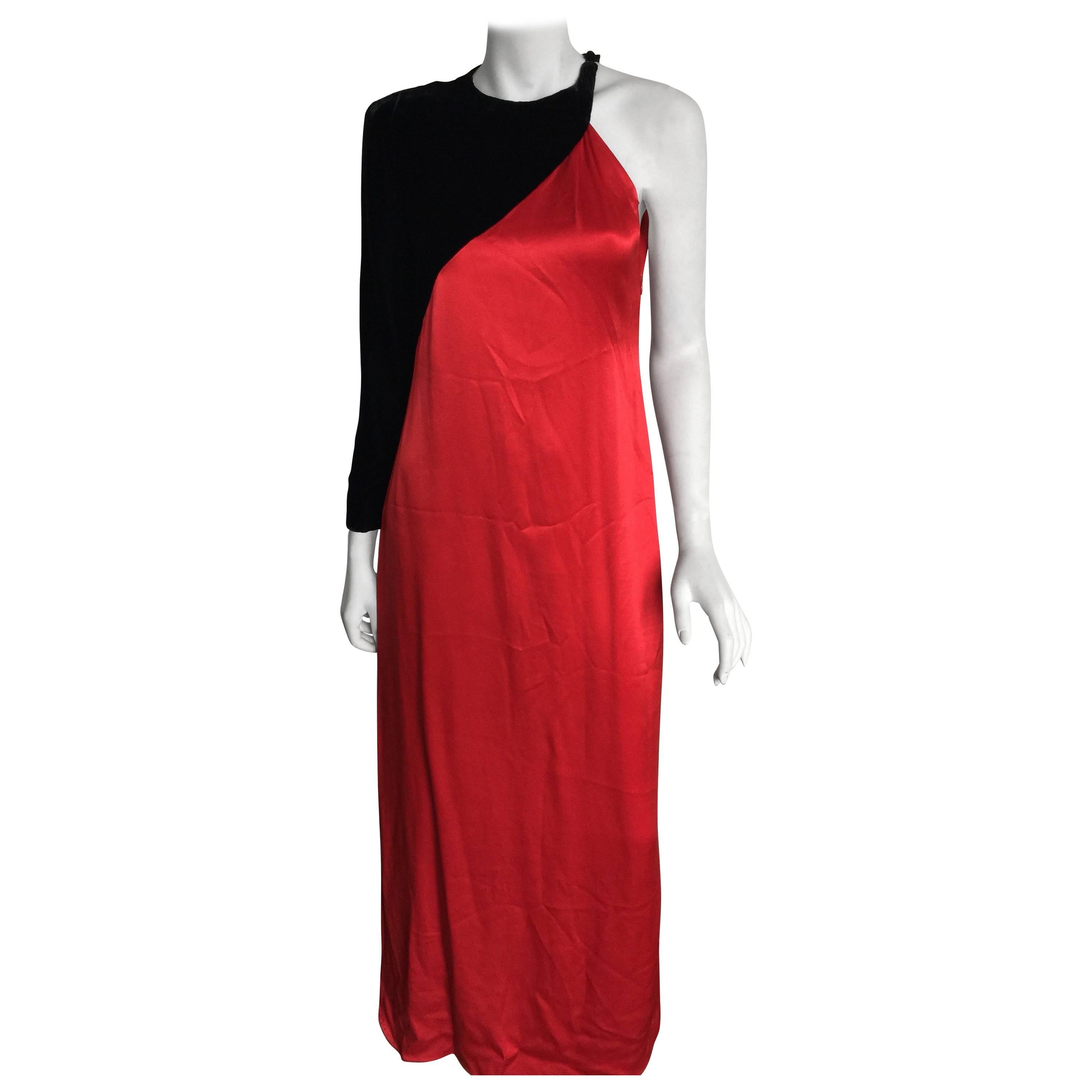 Bill Blass black velvet and red silk one shoulder dress For Sale