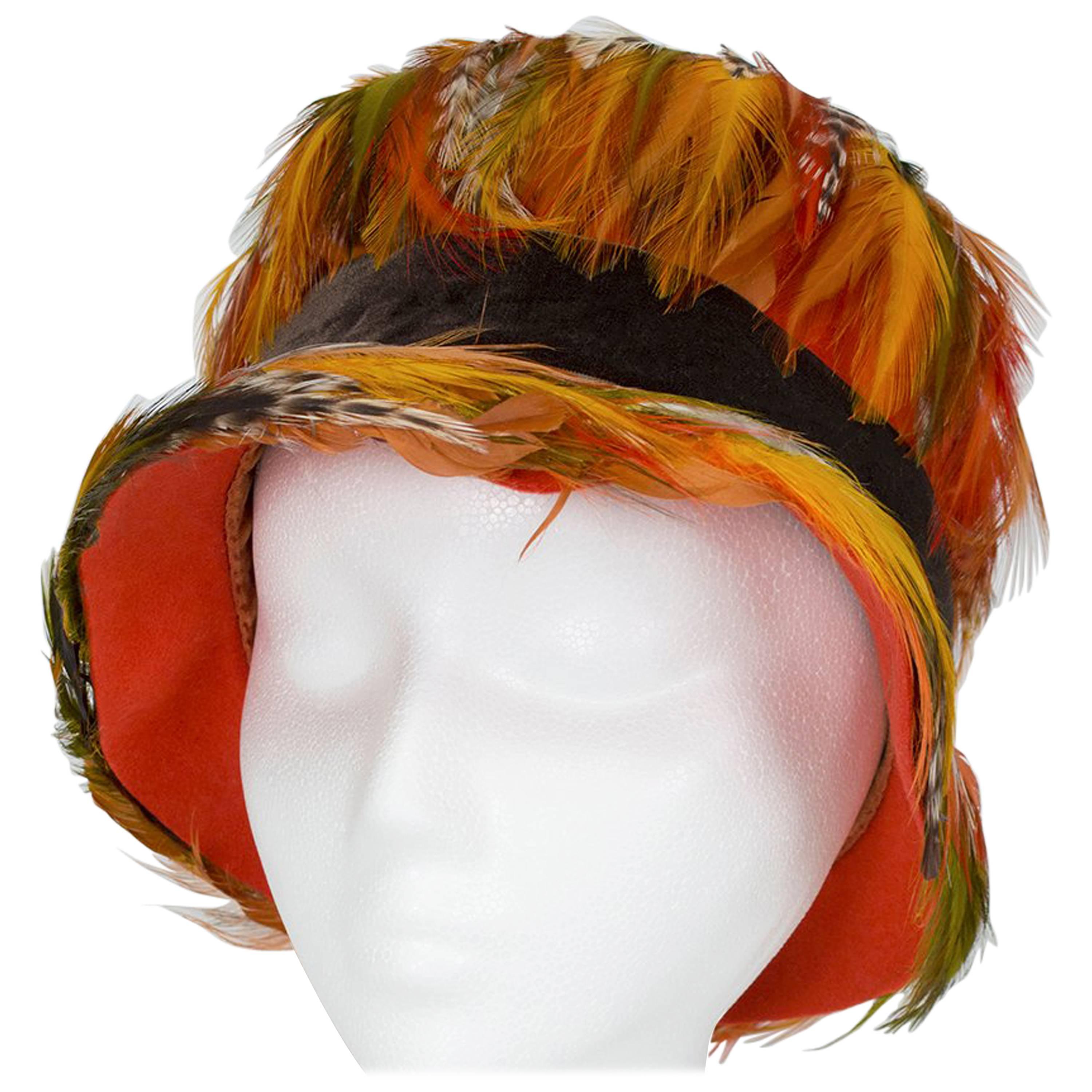 Pumpkin Ostrich and Pheasant Feather Cloche Hat, 1960s 