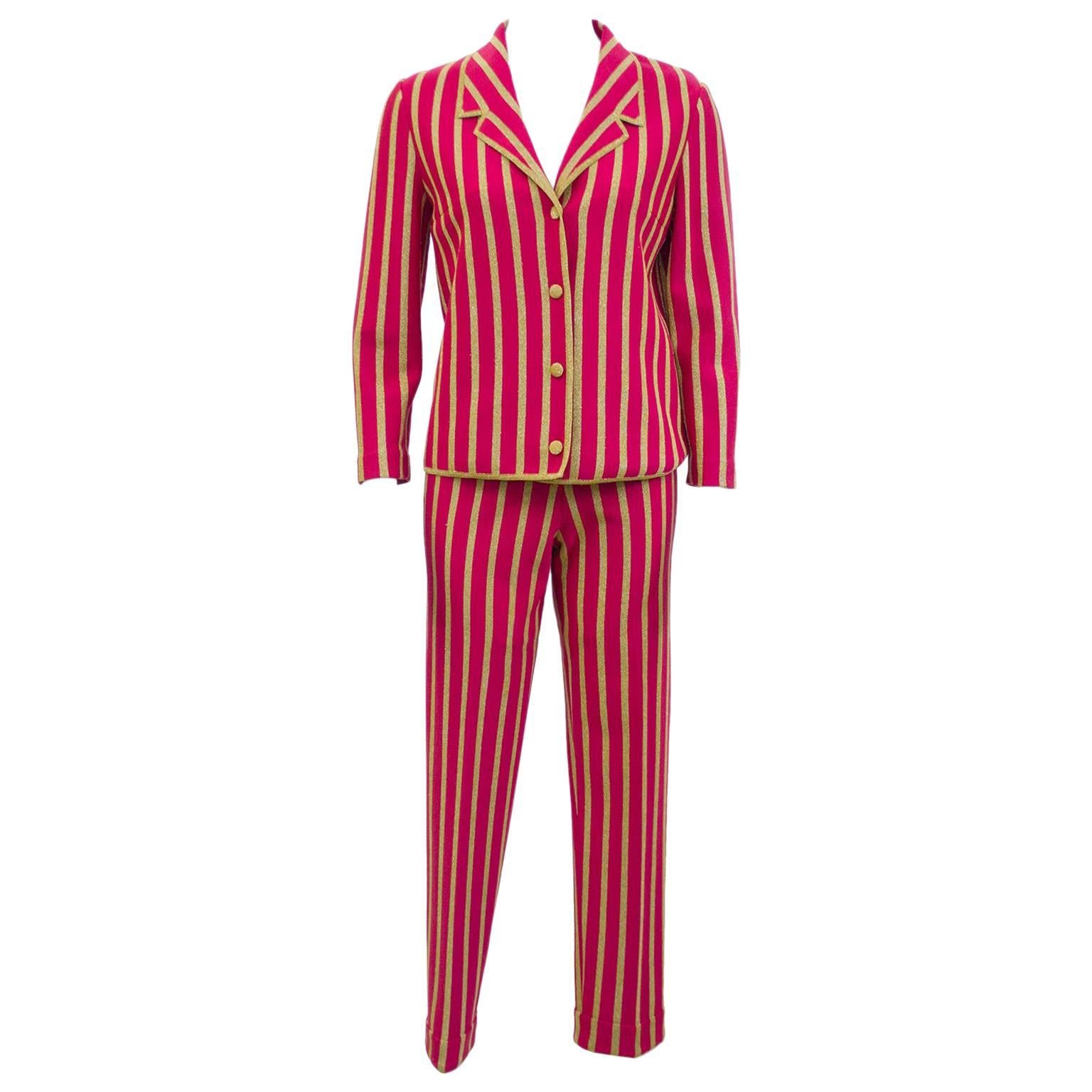1960s Gino Paoli Raspberry and Gold Lurex Vertical Stripe 3pc. Knit Suit 