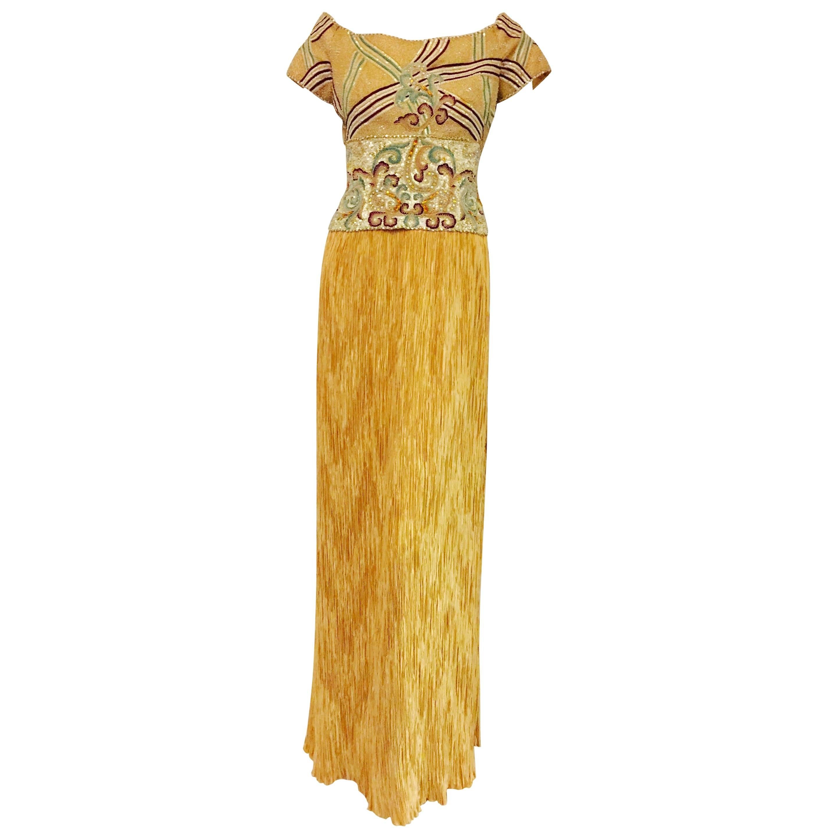 Marvelous Mary McFadden Off Shoulder Gold Gown with Heavily Beaded Bodice