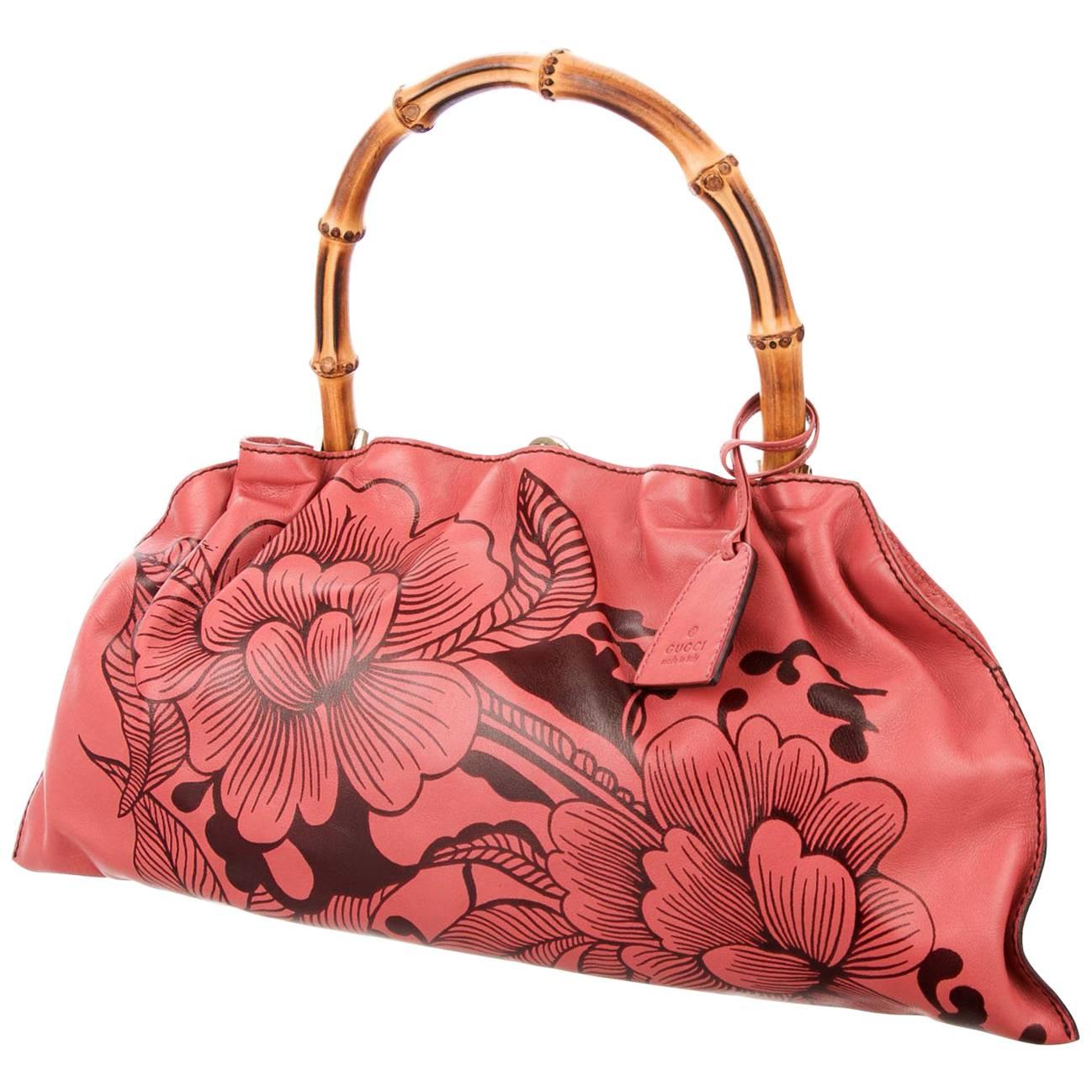New Tom Ford for Gucci S/S 2003 Leather Coral Floral Bamboo Handbag
