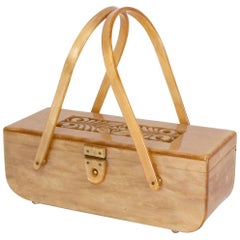 Pearlized Champagne Lucite Handbag with Pierced Relief Lid, 1950s