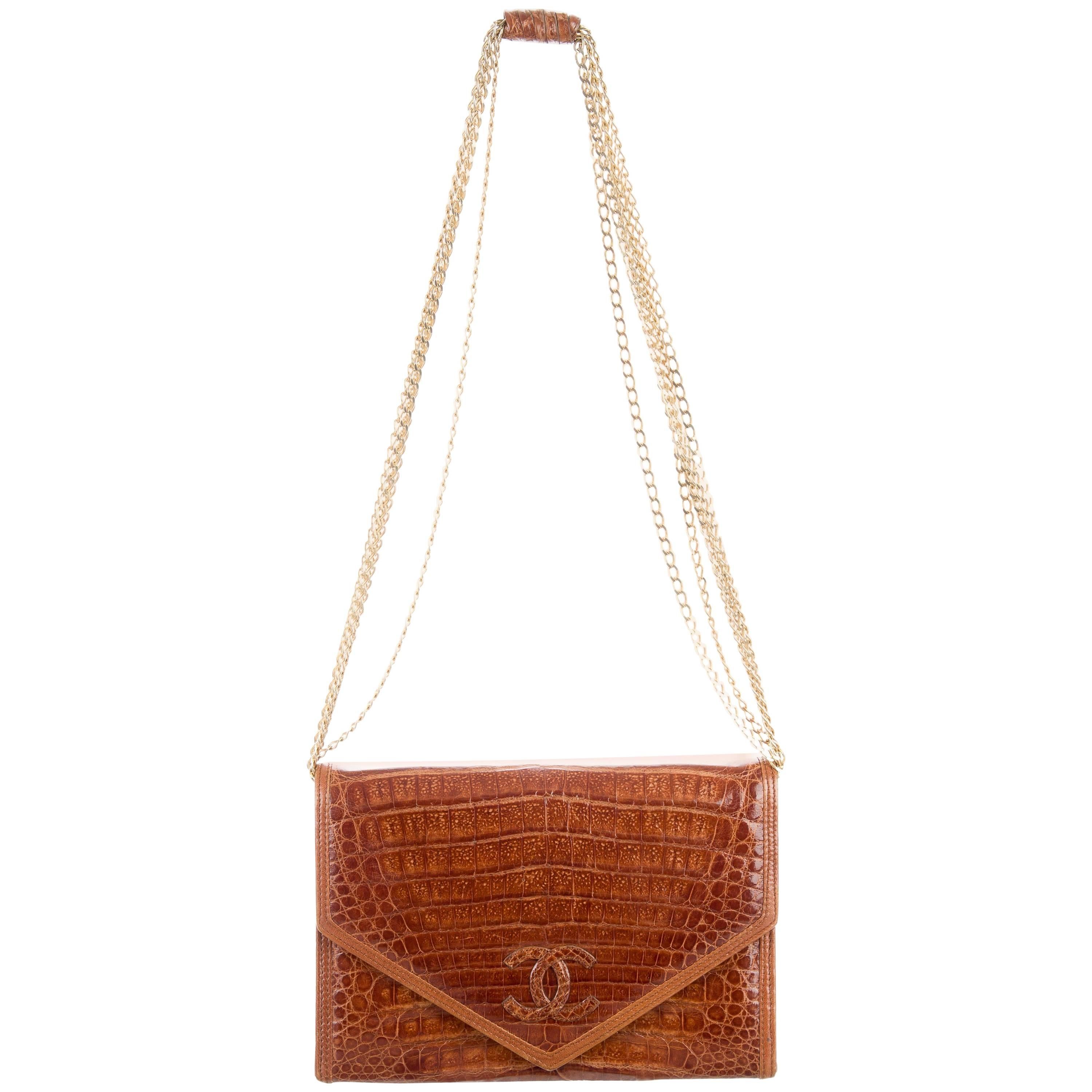 Chanel Cognac Crocodile Evening Clutch Shoulder Flap Bag