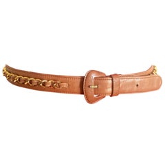 Retro CHANEL brown leather belt with gold tone chains. Good for fanny pack too