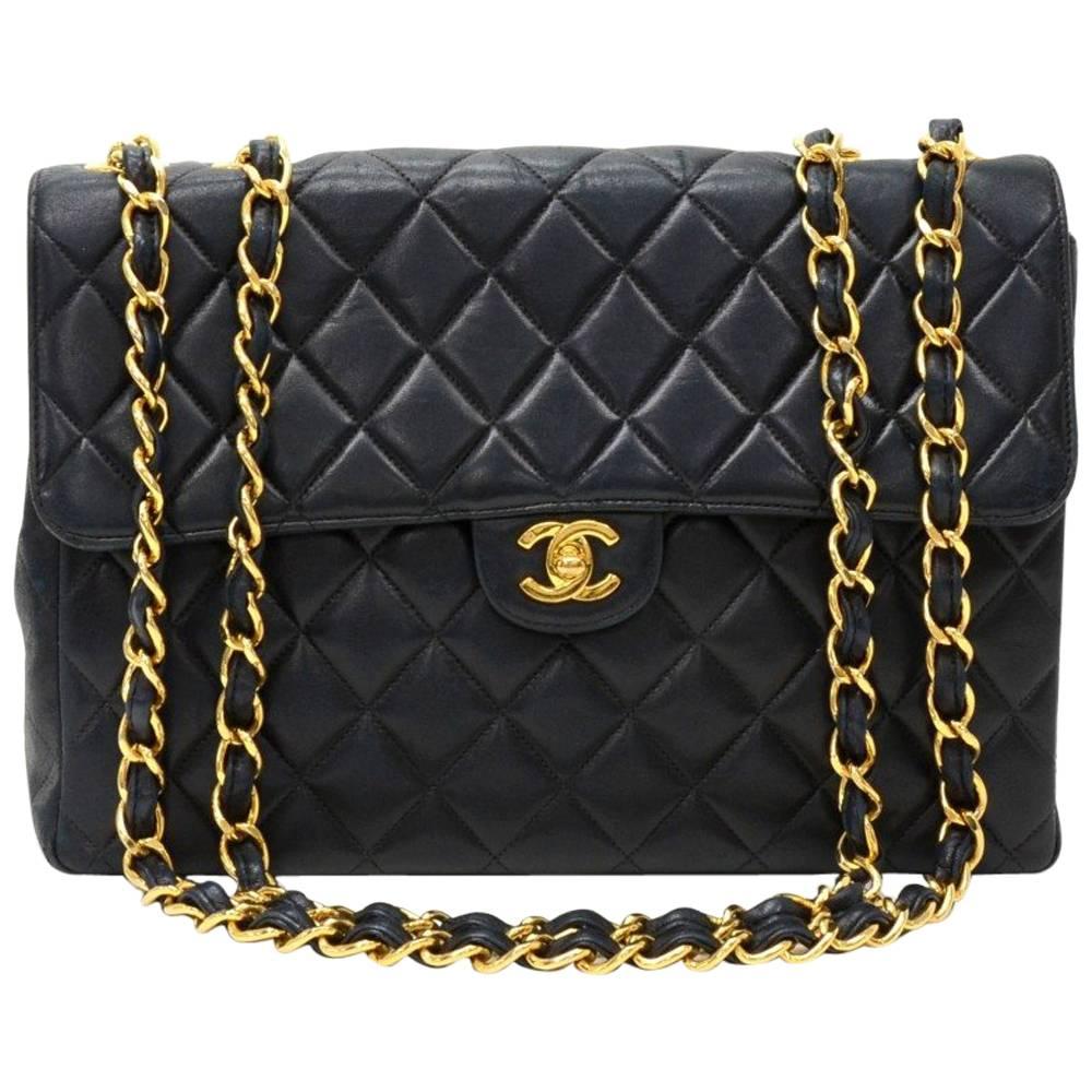 Chanel 12" Jumbo Black Quilted Leather Shoulder Flap Bag