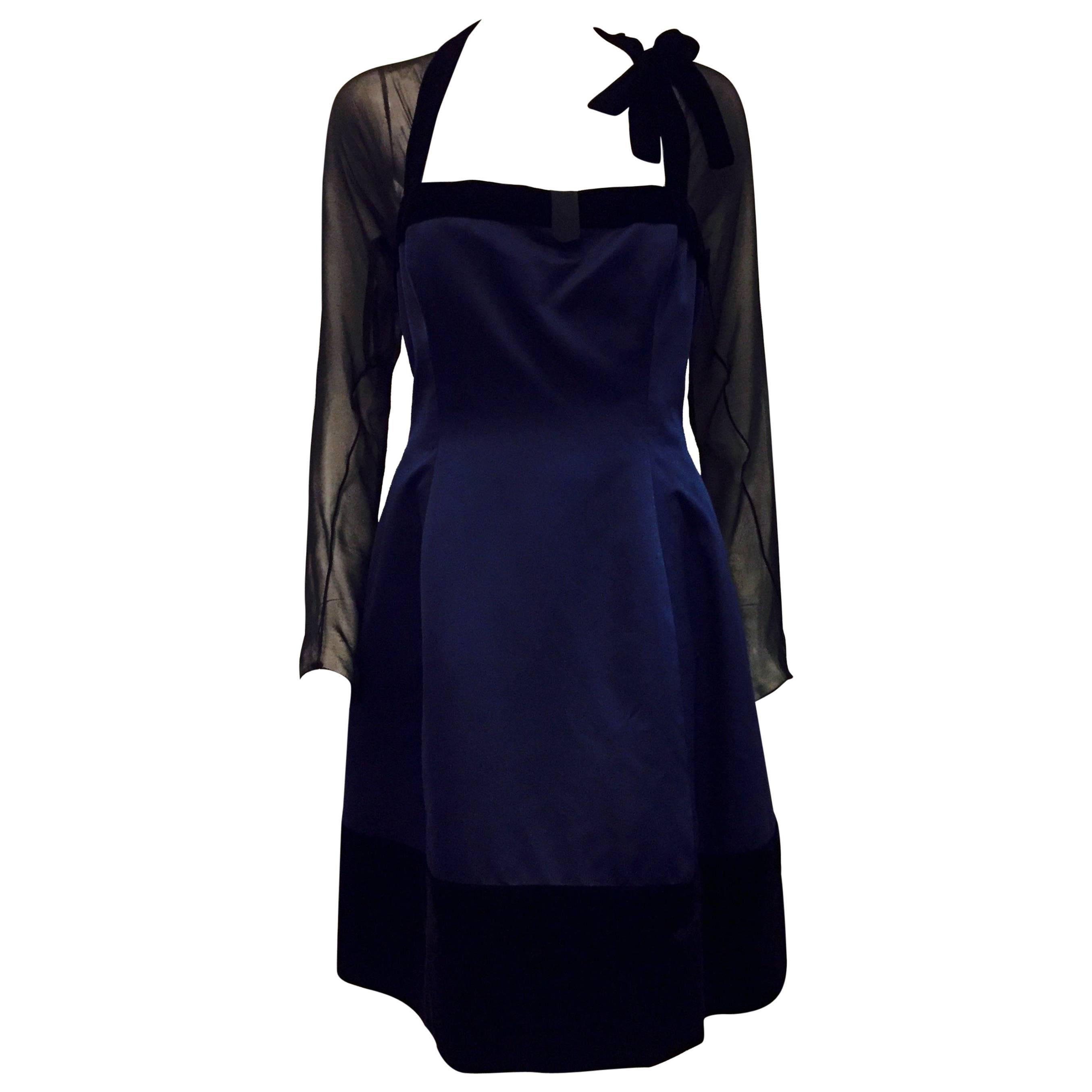  1990s Oscar de la Renta Navy Duchesse Satin Dress with Black Velvet Trim For Sale