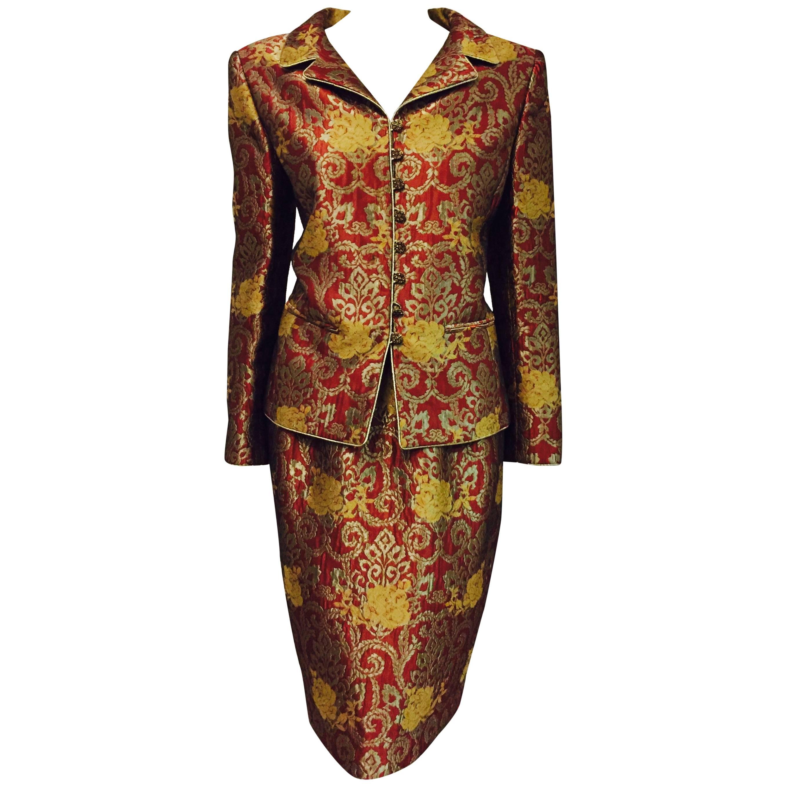 Magnificent Mary McFadden Floral Brocade Skirt Suit in Rust, Bronze and Gold 