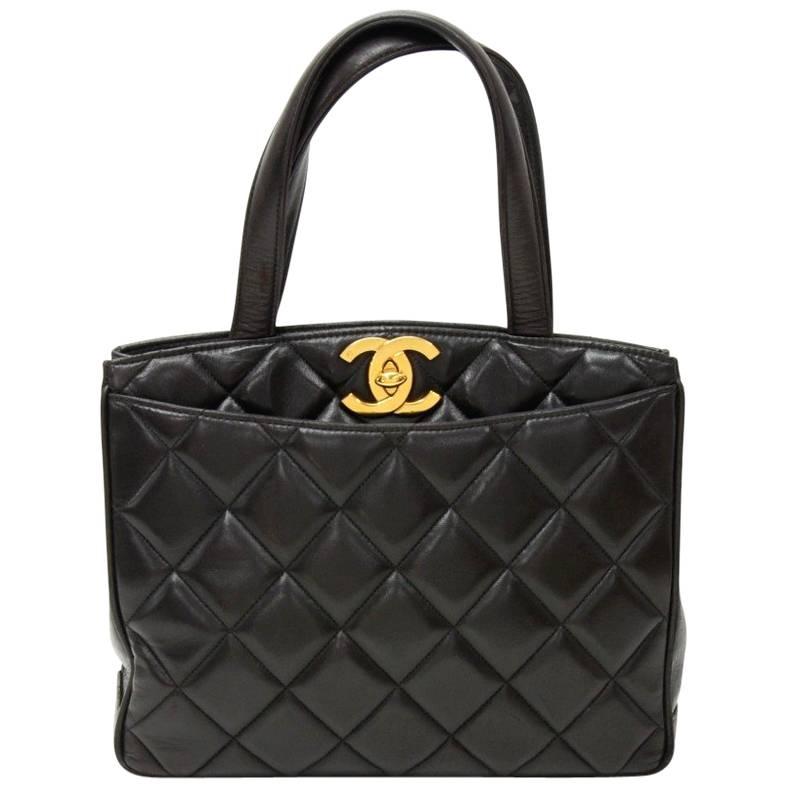 Vintage Chanel 11" Black Quilted Leather Tote Hand Bag  For Sale