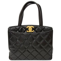 Vintage Chanel 11" Black Quilted Leather Tote Hand Bag 