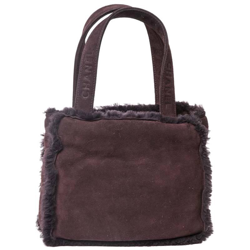 CHANEL Mini Tote Bag in Plum Brown Shearling 