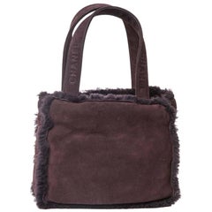 Antique CHANEL Mini Tote Bag in Plum Brown Shearling 