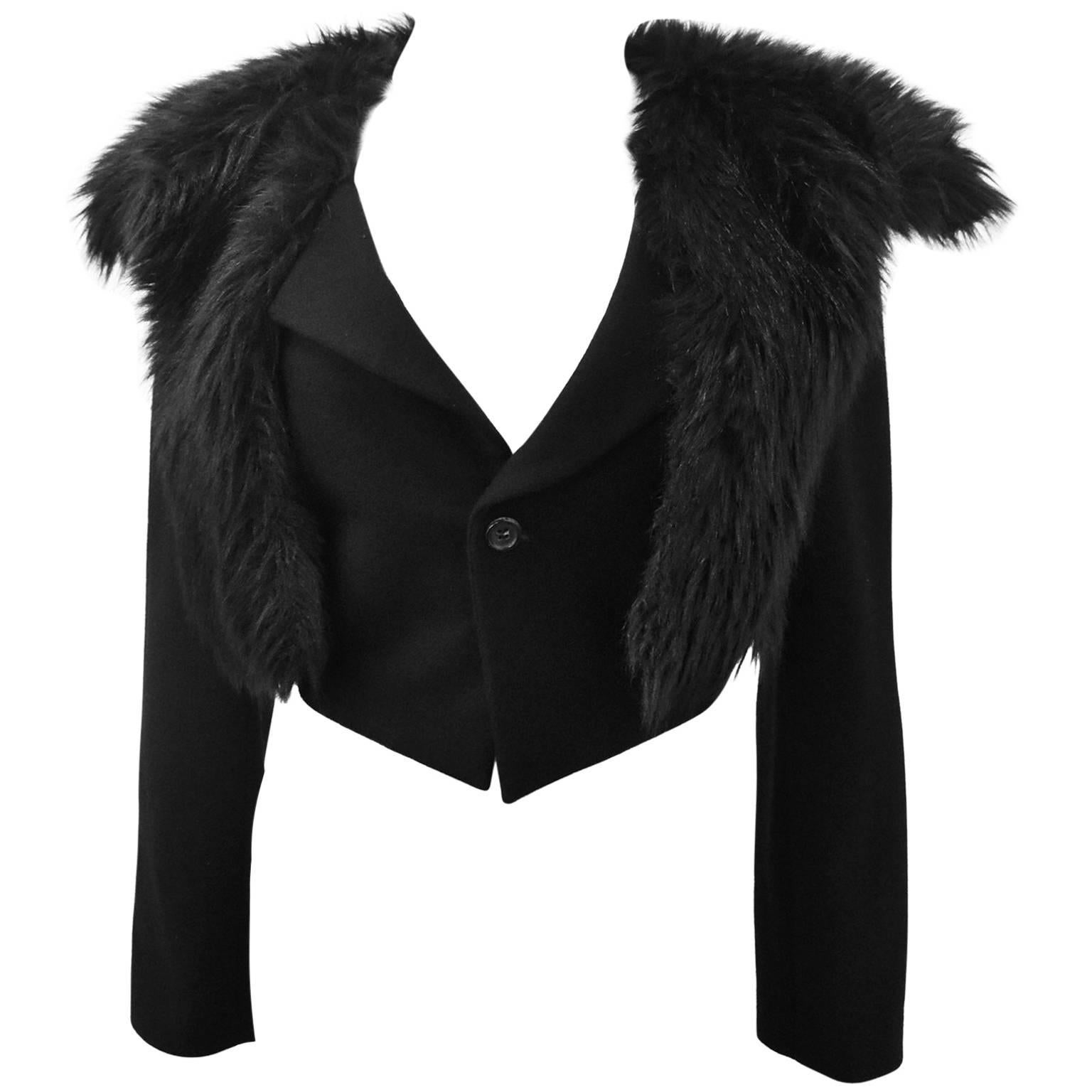 Comme des Garcons Black Cropped Jacket with Faux Fur Collar Details  For Sale