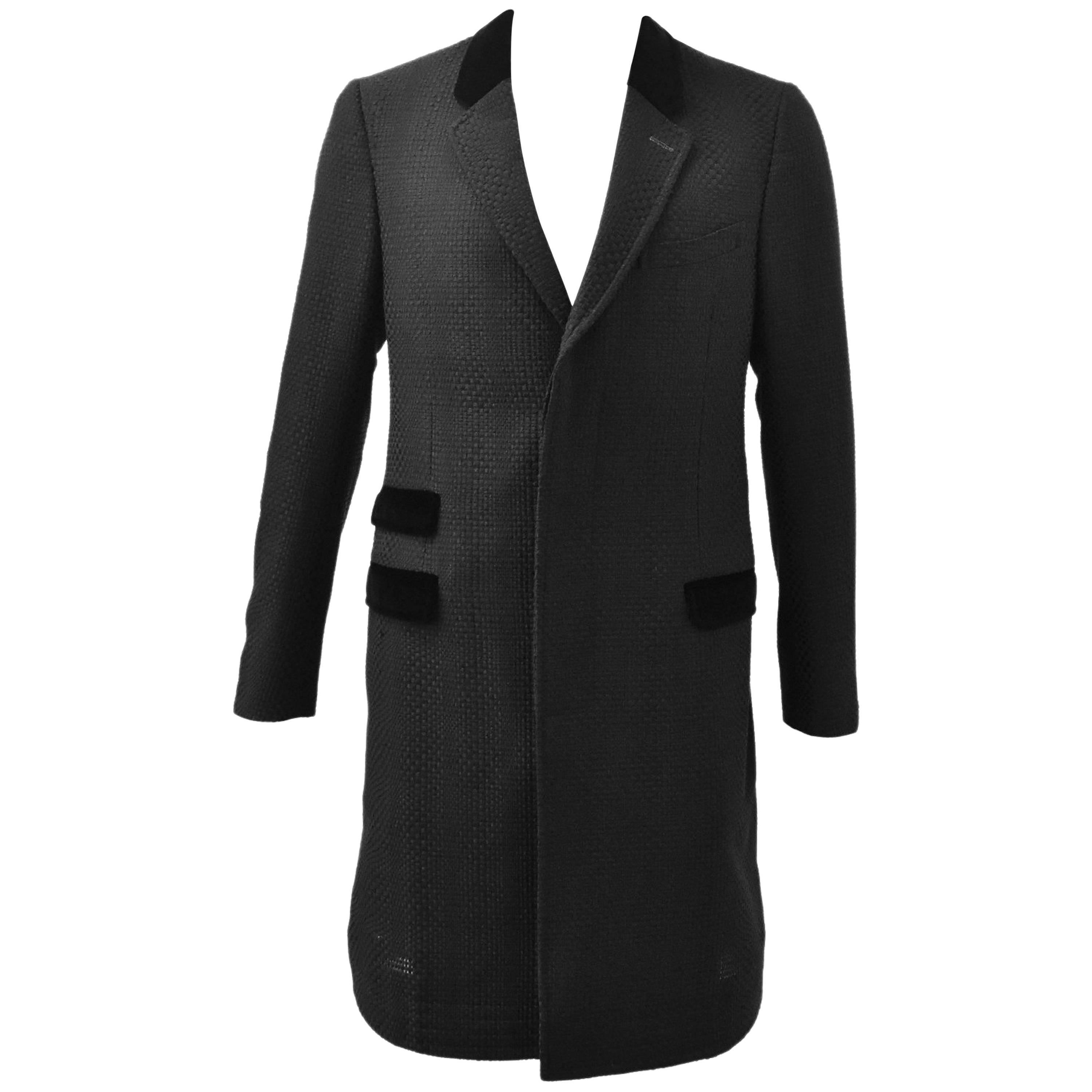 Alexander McQueen Black Woven Coat with Contrast Velvet Collar and Pockets S/S 1 For Sale