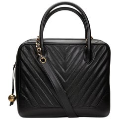 1997 Chanel Black Chevron Quilted Caviar Leather Timeless 2 Way Shoulder Tote