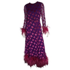 Pink velvet and purple chiffon feather maxi dress