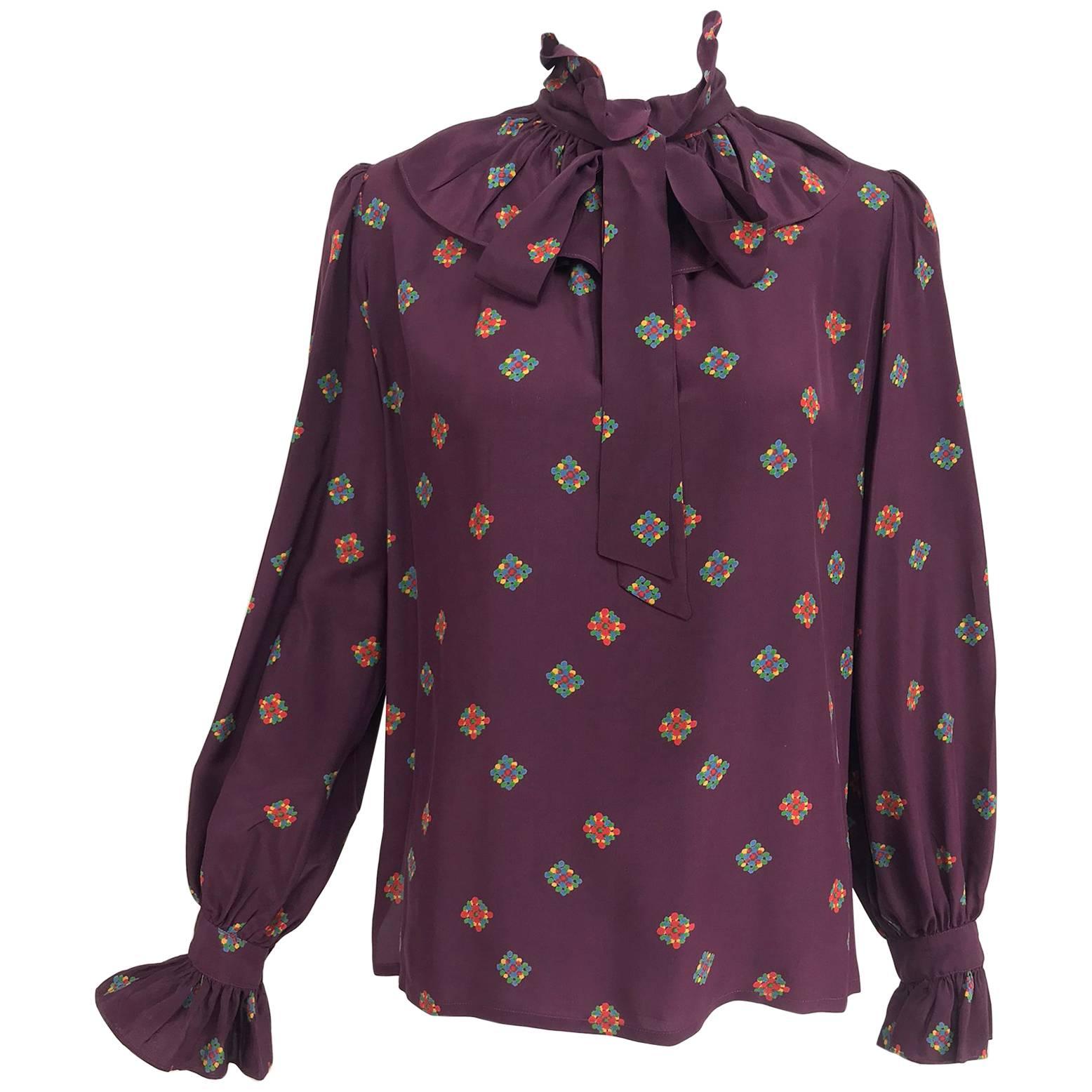 Vintage Yves Saint Laurent Ruffle bow tie floral silk blouse 1970s
