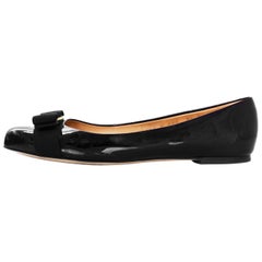 Salvatore Ferragamo Black Patent Leather Varina Bow Flats Sz 7.5C with Box, DB