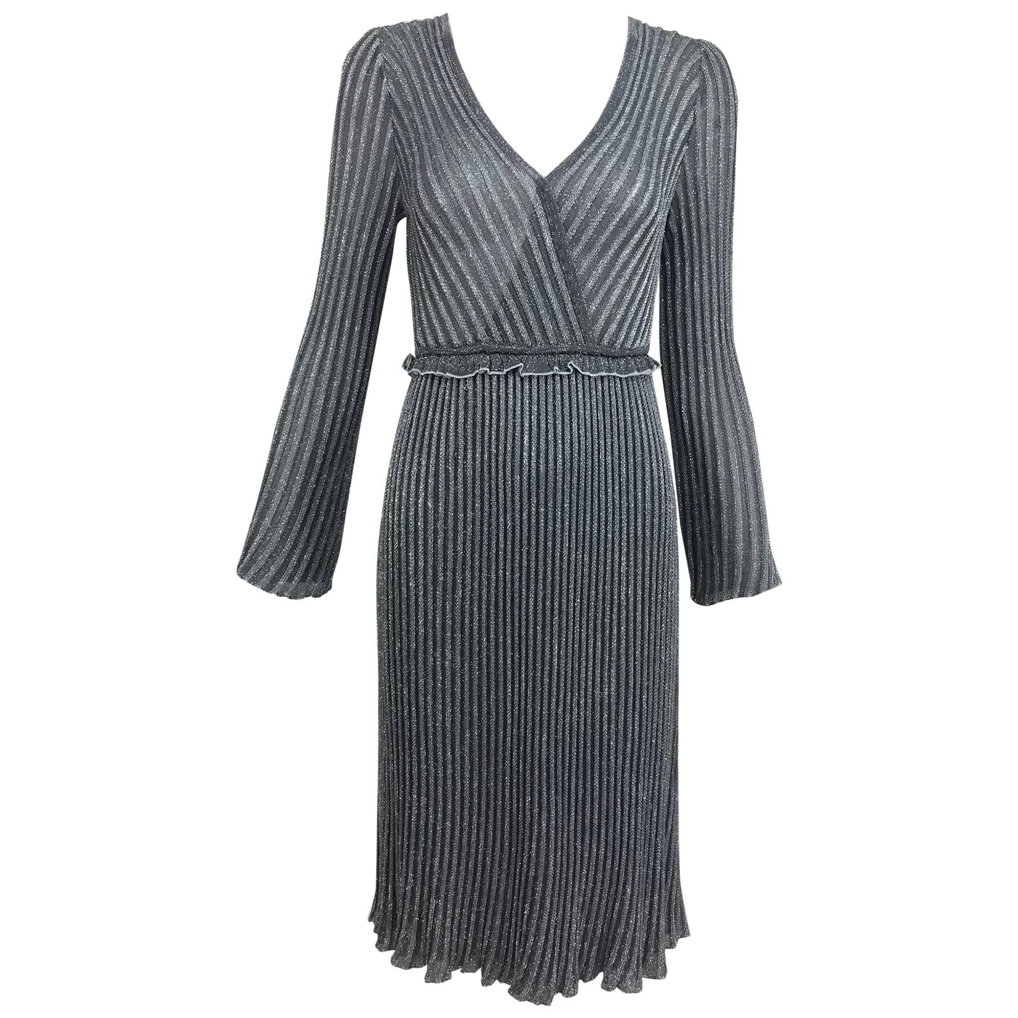 Vintage Missoni silver metallic knit plunge neckline dress 1990s