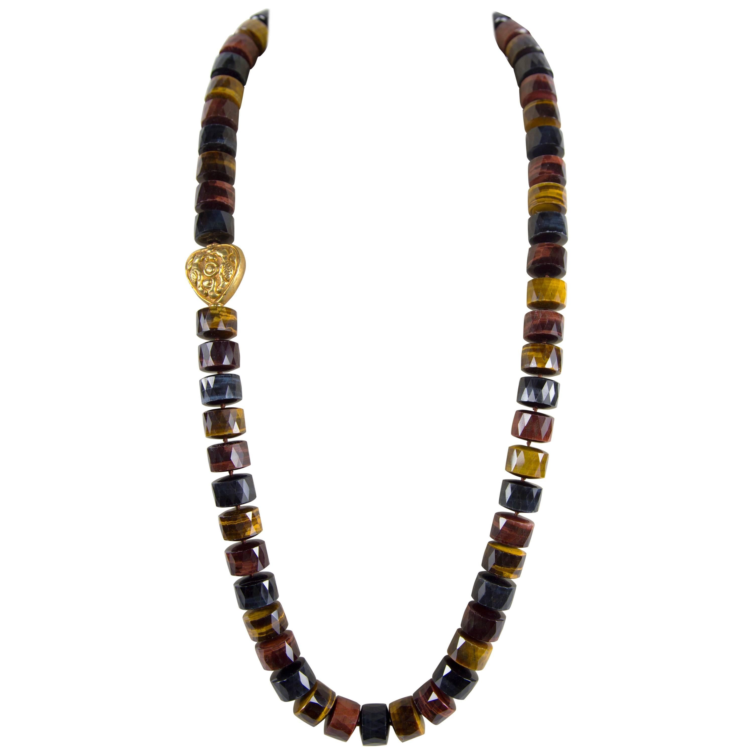 Beautiful Multi Color Tiger Eye and Gold Beads Runway Necklace Estate Find