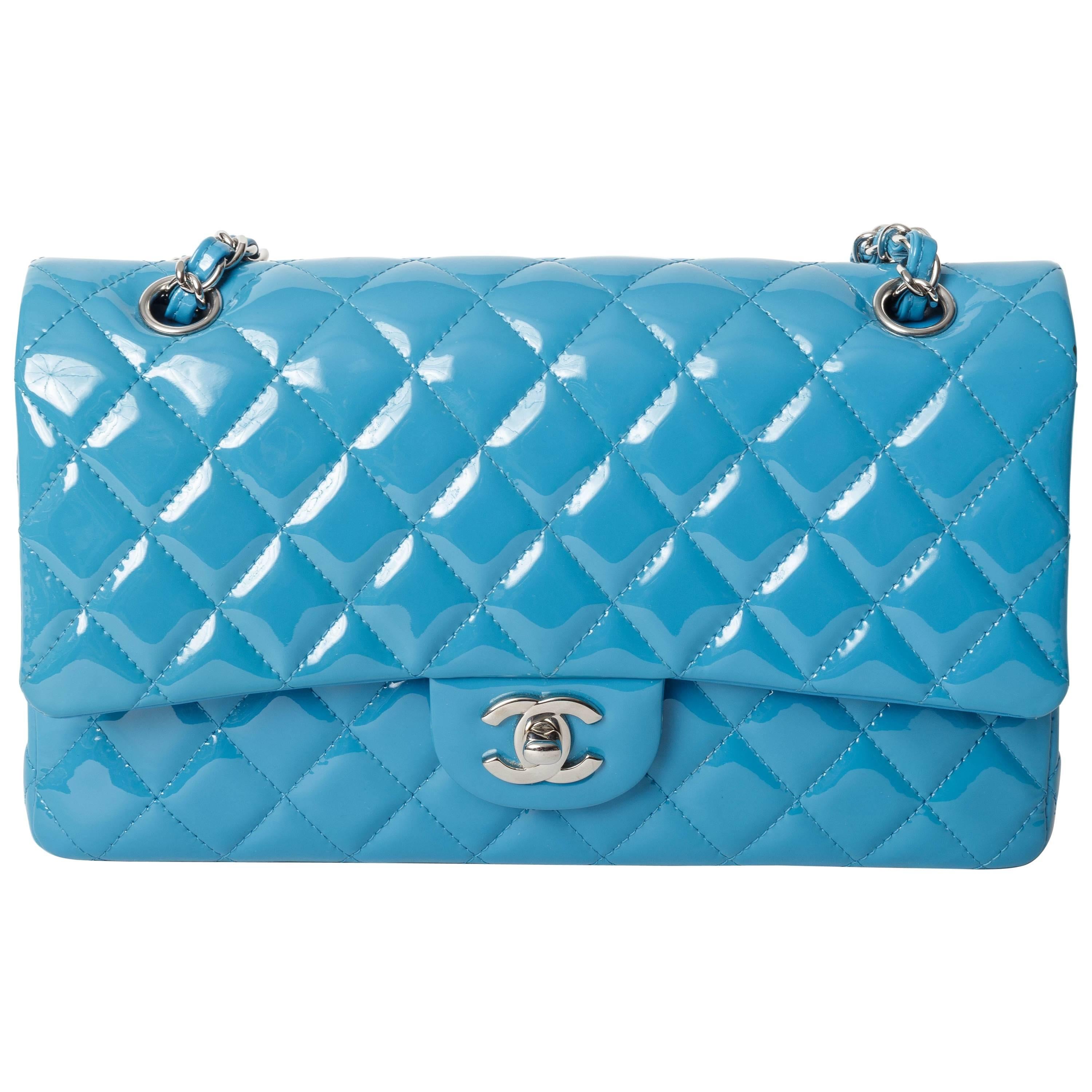 Chanel Teal Patent Medium Classic Double Flap Bag with Silver Hardware