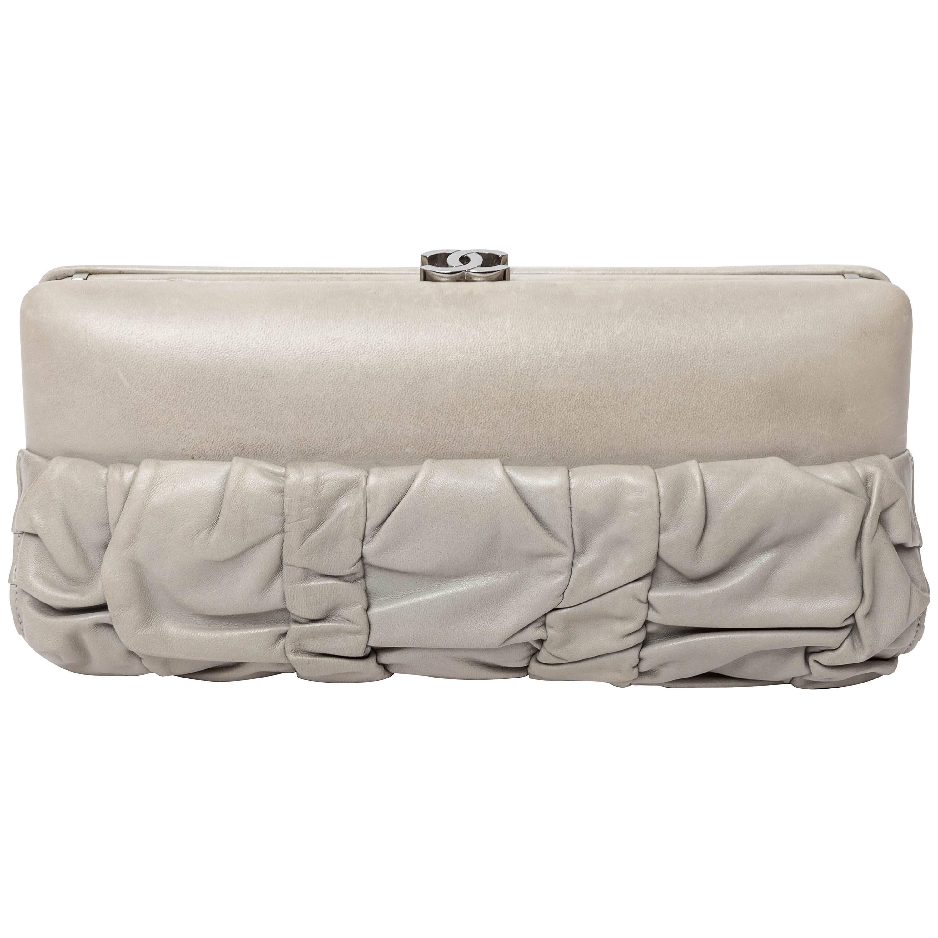 Chanel Grey Lambskin Clutch with Optional Shoulder Strap