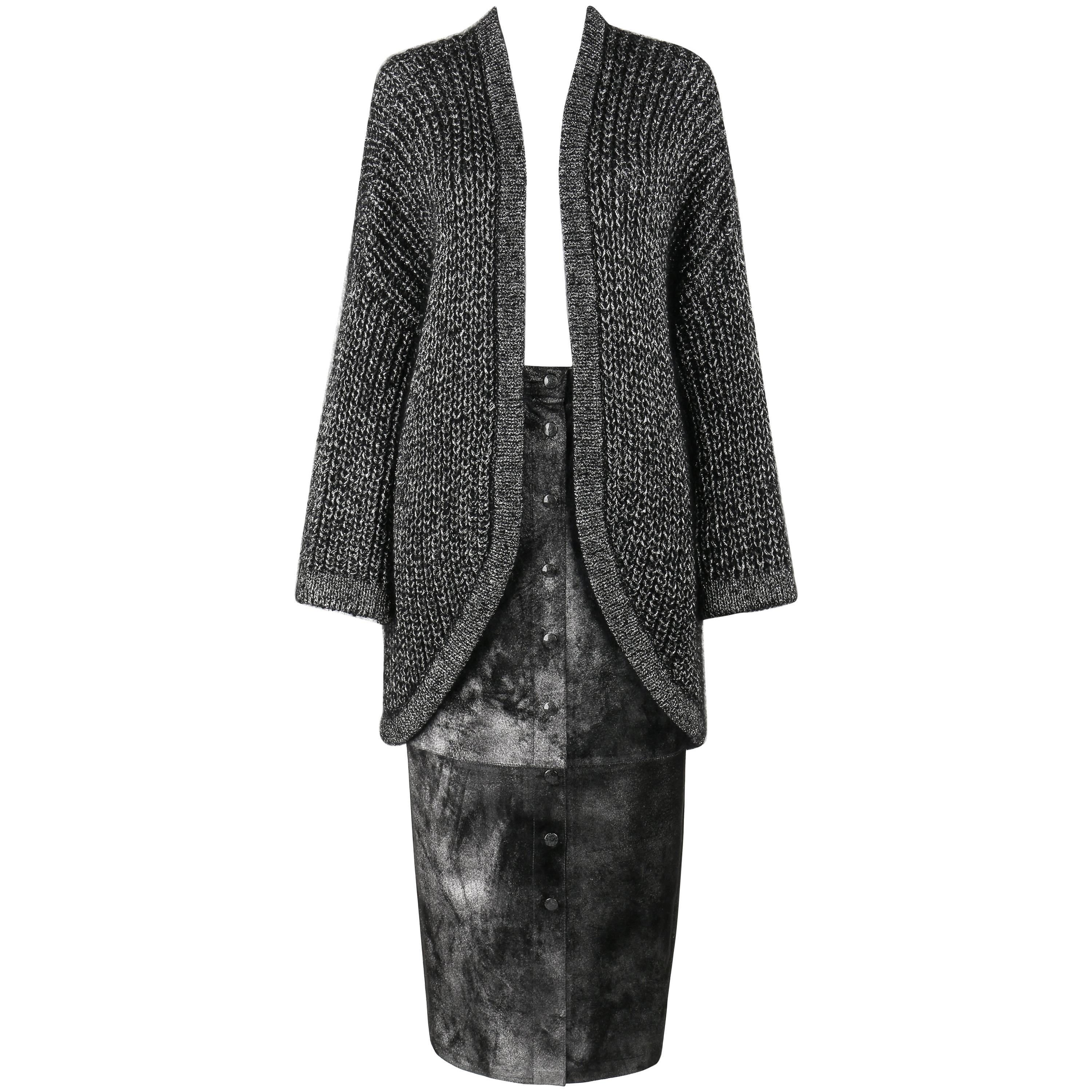 KRIZIA 2 Pc Metallic Oversized Mohair Knit Cardigan + Sueded Leather Skirt Set For Sale