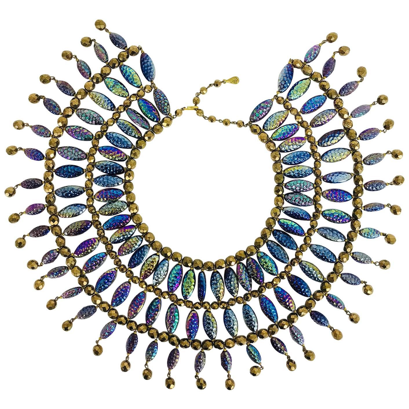 Lester Joy Les Bernard huge iridescent glass beaded collar necklace 1970s For Sale