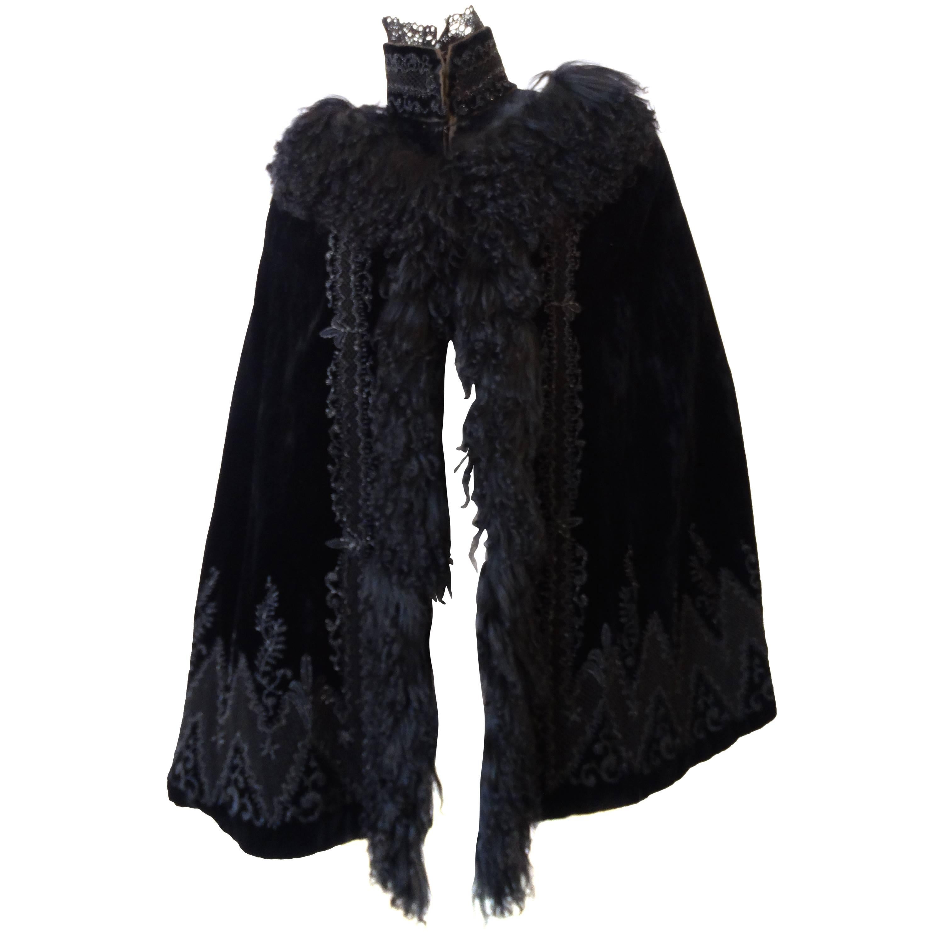 1890s Victorian Era Silk Velvet Fur Cape