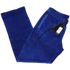 New Versace Medusa Logo Men's Blue Velvet Sweatpants Black Leather Trim size XL