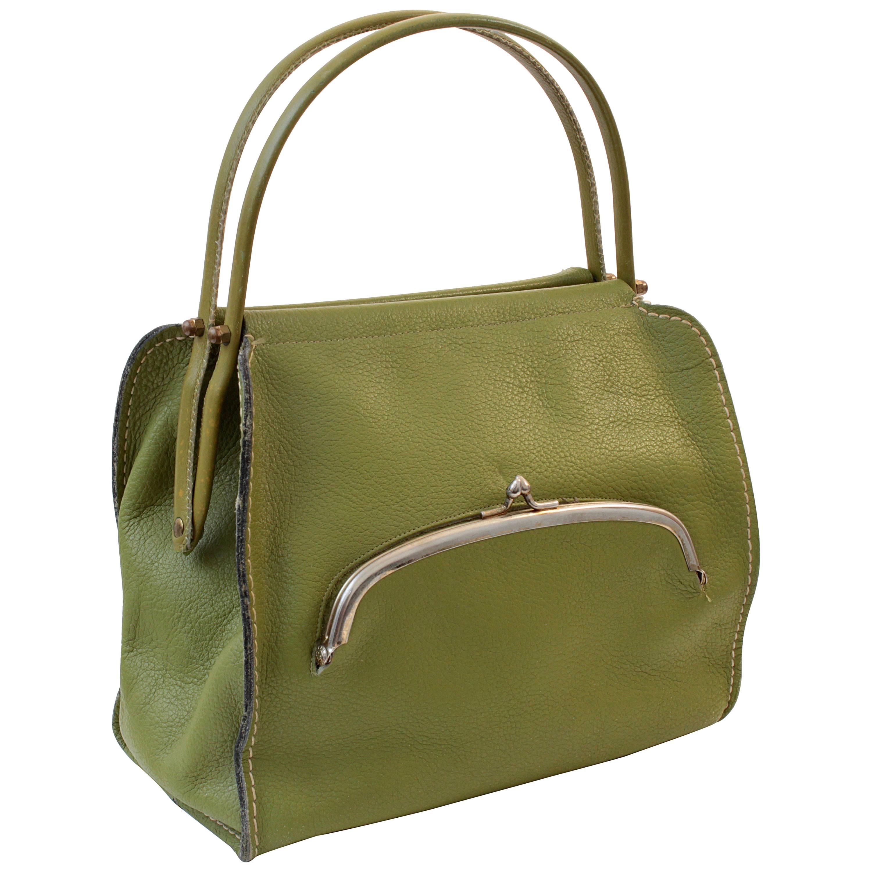 Bonnie Cashin Lime Leather Tote Bag with Kiss Lock Coin Purse 60s Rare 